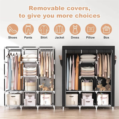 LEEGOHOME Portable Closet Large Wardrobe Closet Clothes Organizer with 6 Storage Shelves, 2 Hanging Sections 4 Side Pockets