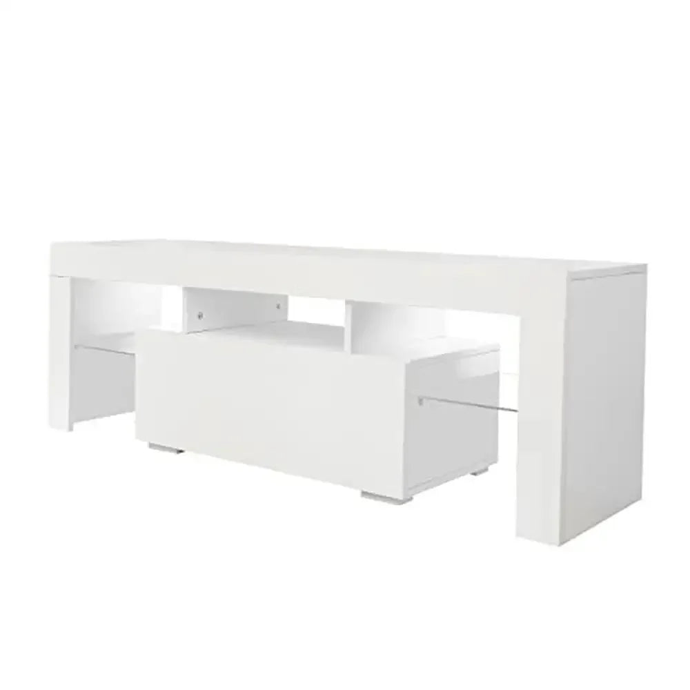 TV Stand LED Lights Storage Drawer Glass Shelf 55" Entertainment Console Table White High Gloss Modern Quality Easy Assembly