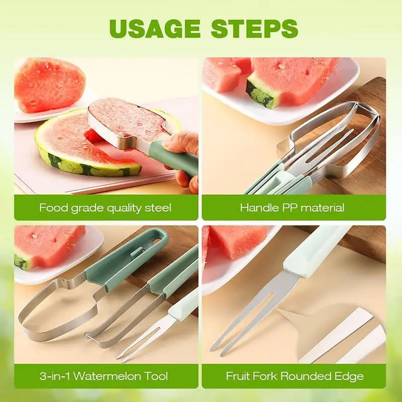 3-in-1 Watermelon Cutter Slicer Tool, Stainless Steel Water melon Fork Popsicle Watermelon Knife Fruit Cutter Kitchen Gadgets