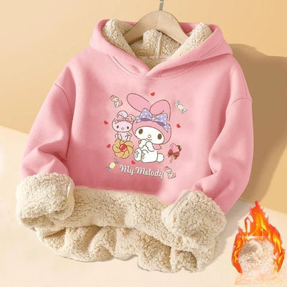 Kuromi Plush Warm Children's Clothing Set for Girls Thicken Fleece Lined Sweatshirt + Pants 2 Pcs Suit Winter Tracksuit