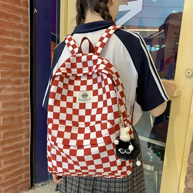 Schoolbags for female junior high school students, high school students, middle school students, ins style girls' backpacks, girls' checkerboard backpacks, five colors optional