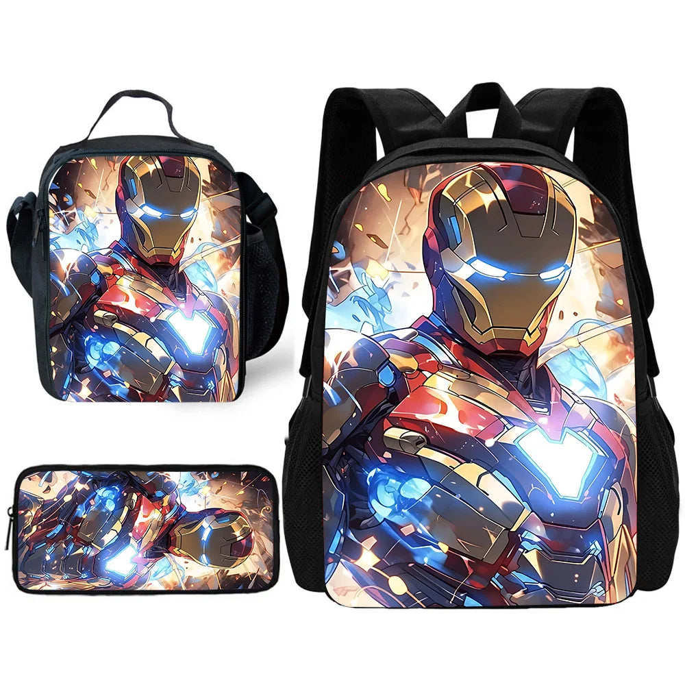 3 pcs set Cute Anime For Irons Man Child School Backpack with Lunch Bags ,Pencil Bags ,School Bags for Boys Girls Best Gift