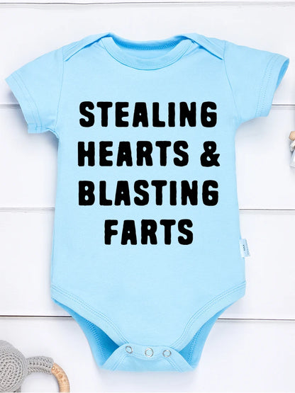 Creative New Baby Girl Boy Cotton Onesie Stealing Hearts and Blasting Farts Letter Print Funny Infant Clothes Comfy Breathable