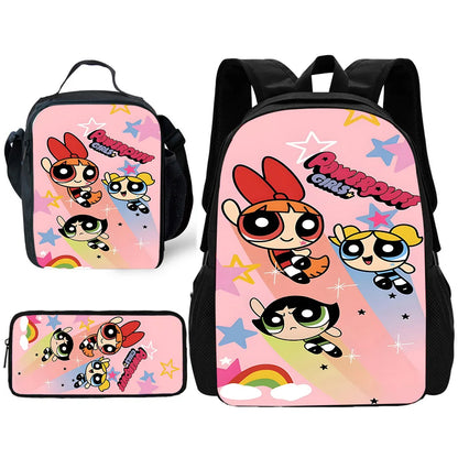 3 pcs set Cute Anime Powerpuffs Girlss Child School Backpack with Lunch Bags ,Pencil Bags ,School Bags for Boys Girls Best Gift