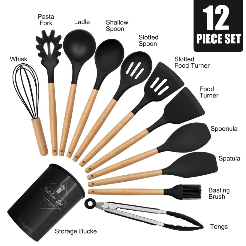 Cooking Utensils Set of 12 Silicone Kitchen Utensils With Solid Wood Handles and a Holder Bucket