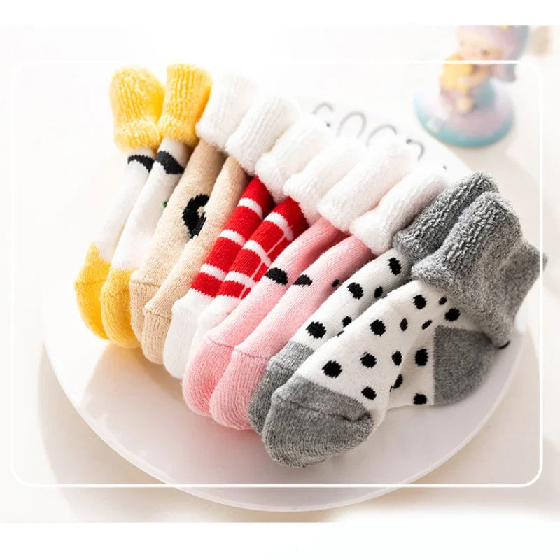 5 Pairs Autumn Winter Warm Strip Baby Sock Cute Cartoon Dot Thick Infant Floor Sock Soft Star Pattern Newborn Toddler Sock