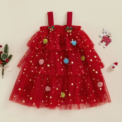 MISOWMNJOY Christmas Baby Girls Dresses Princess Kids Party Clothes for Girl Star Print Sleeveless Layered Tulle Dress with Ball