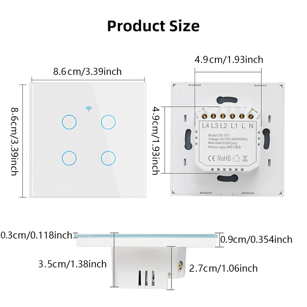 WiFi Smart Switch EU Light Wall Touch Switch 220V Need Neutral Wire Tuya Smart Life Work with Alexa Google Home 1/2/3/4 Gang