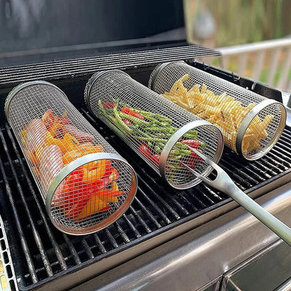 BBQ Basket Stainless Steel Rolling Grilling Basket Wire Mesh Cylinder Cylindrical Portable Round Outdoor Camping Barbecue Rack