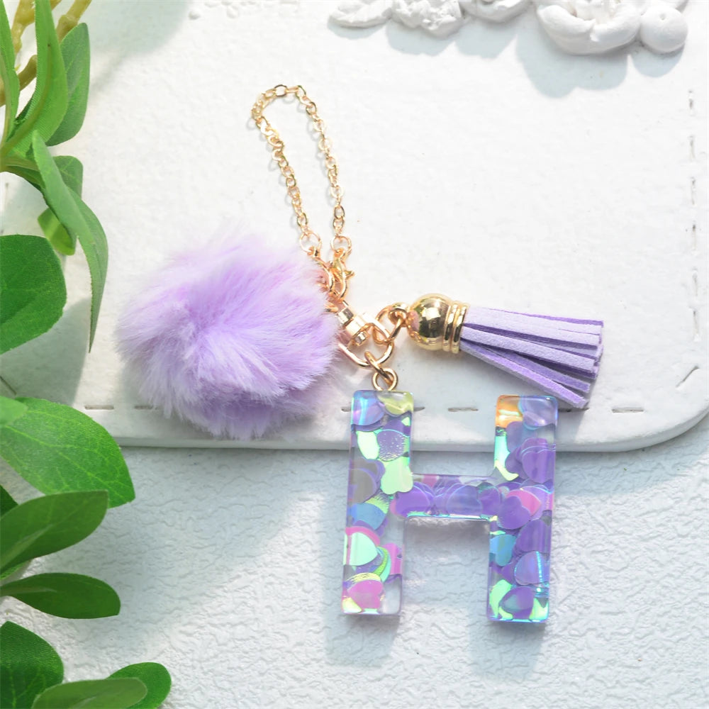 Sparkling Fashion Initials Letter Charm Keychains With Pompom Tassel Handle Pendant Keyrings for Tumbler Women Cup Accessories