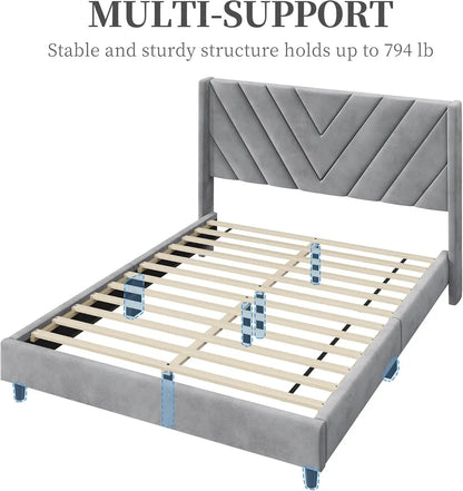 Bed Frame Upholstered Platform Bed with Wing Side/Wooden Slat Support/Tufted Headboard with Wing Side/Mattress Foundation