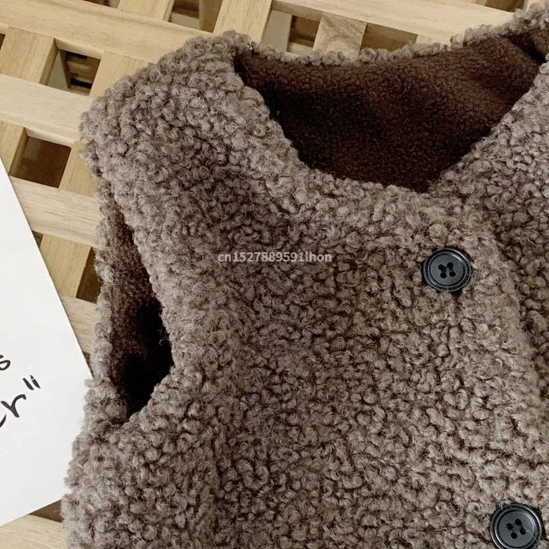 Autumn Winter Baby Lamb Wool Plus Velvet Waistcoat Girls Boys Plush Vest Single Breasted V Neck Child Warm Fashion Warm Coat