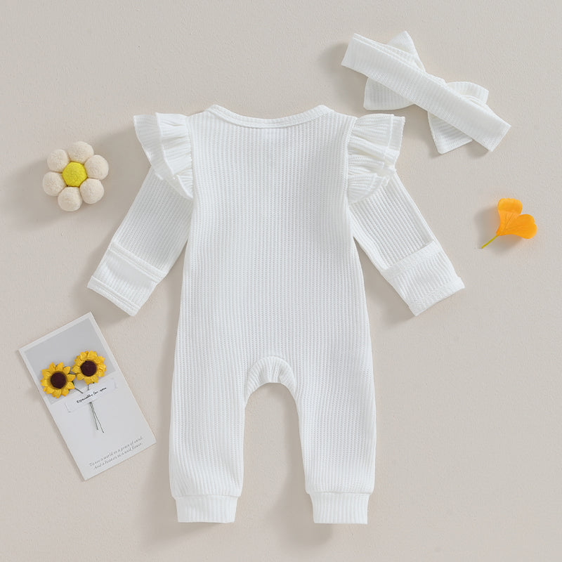 Pudcoco Infant Baby Girl Autumn Jumpsuit Solid Color Round Neck Flying Sleeve Ruffled Zipper Romper with Bow Headband 0-12M