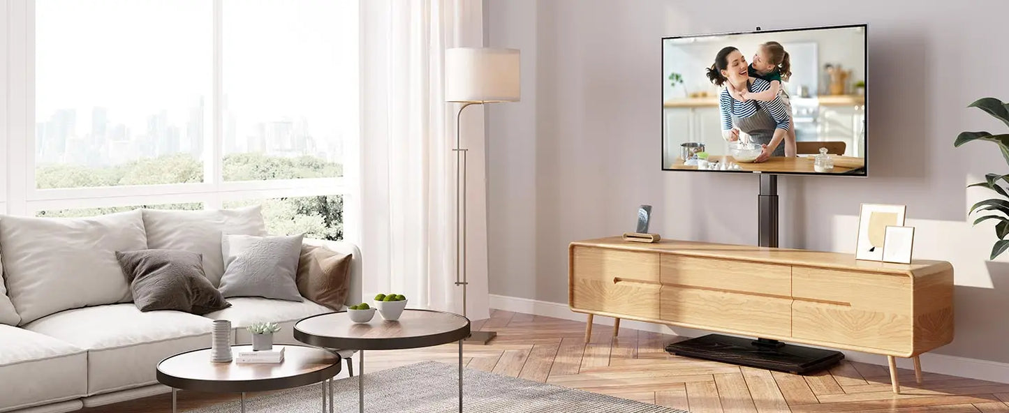 Greenstell with Power Outlet, Universal Floor TV Stand for 32-70 Inch TVs, Height Adjustable, Swivel Tall with Wood Base