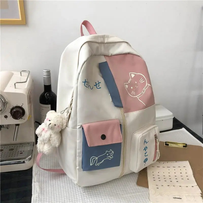 Hundreds of simple junior high school students schoolbag Large capacity primary school students schoolbag cute cat pattern