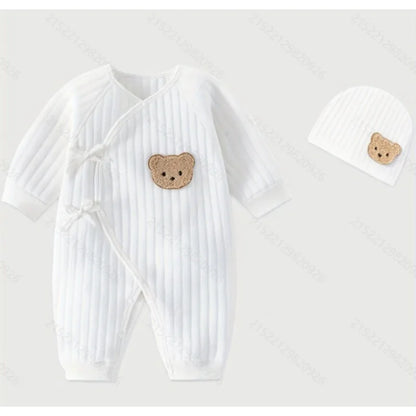 All Seasons Newborn Baby Boy Girl Romper 100% Pure Cotton Soft Cartoon Bear Bodysuit with Hat