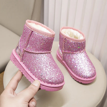 Winter Girl's Snow Boots Glimmer Three Colors Thick Fur Kids Short Boot Warm Beautiful Stylish Slip-on Children Shoes 25-36