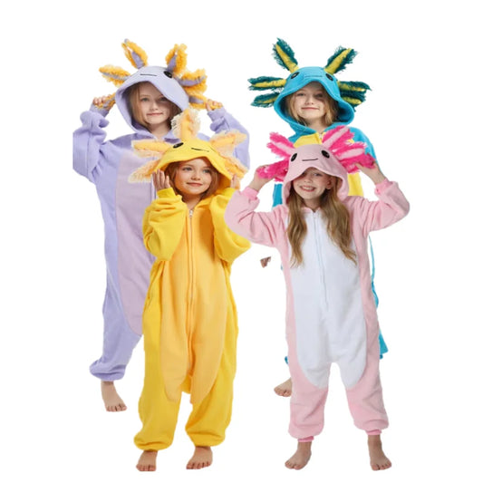 Kids Pink Newt Cute Cartoon Cosplay One Piece Pajamas Baby Animals Halloween Boys Girls Yellow axolotl Kigurumi Anime Pajamas