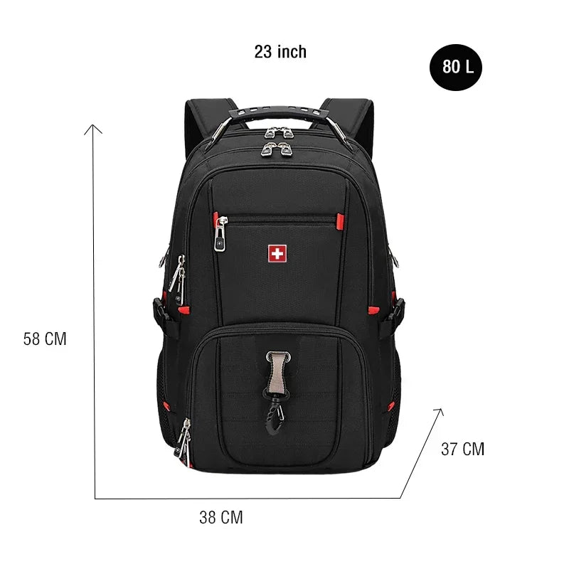 SWISS Classic Men Durable 17 Inch Laptop Backpack 80L Travel Bag College Bookbag USB Charging Waterproof Multifunctional Mochila