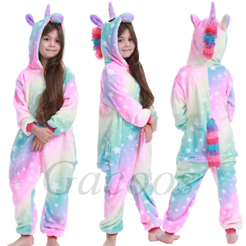 Unicorn Kigurumi for Kids Onesies Winter Flannel Warm Pajamas Animal Lion Dinosaur Hooded Sleepwear Jumpsuit Cospaly Costumes