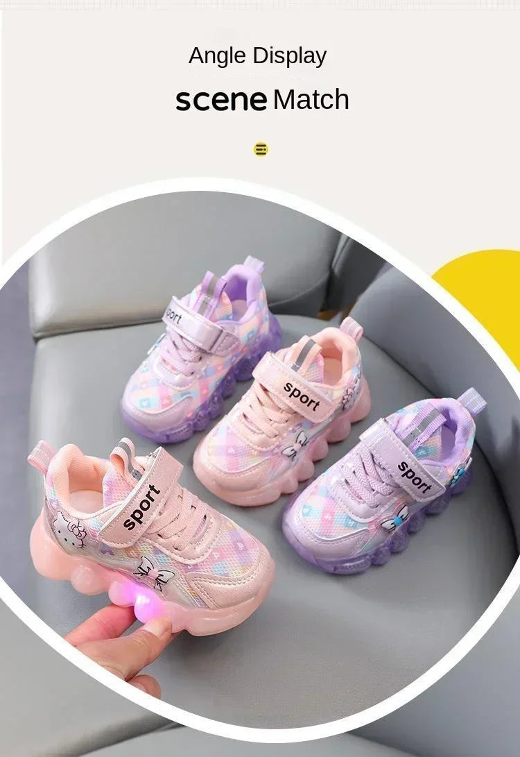 Cute Hello Kitty Casual Shoes for Baby Girl Children Led Light Sneakers Kids Shoes Toddler Walking Shoes Kids Anti-slip Shoes