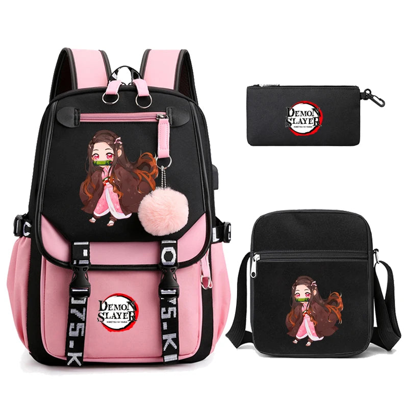 3Pcs/set Anime Kamado Nezuko Demon Slayer Backpacks for Girls School Bag Teenager Student Canvas Laptop Back Pack Women Rucksack