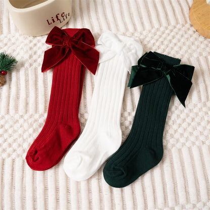 Baby Girls Knee High Socks Autumn Winter Kids Big Bow Long Soft Cute Christmas Sock Cotton Red Children Socken For 0-8 Years