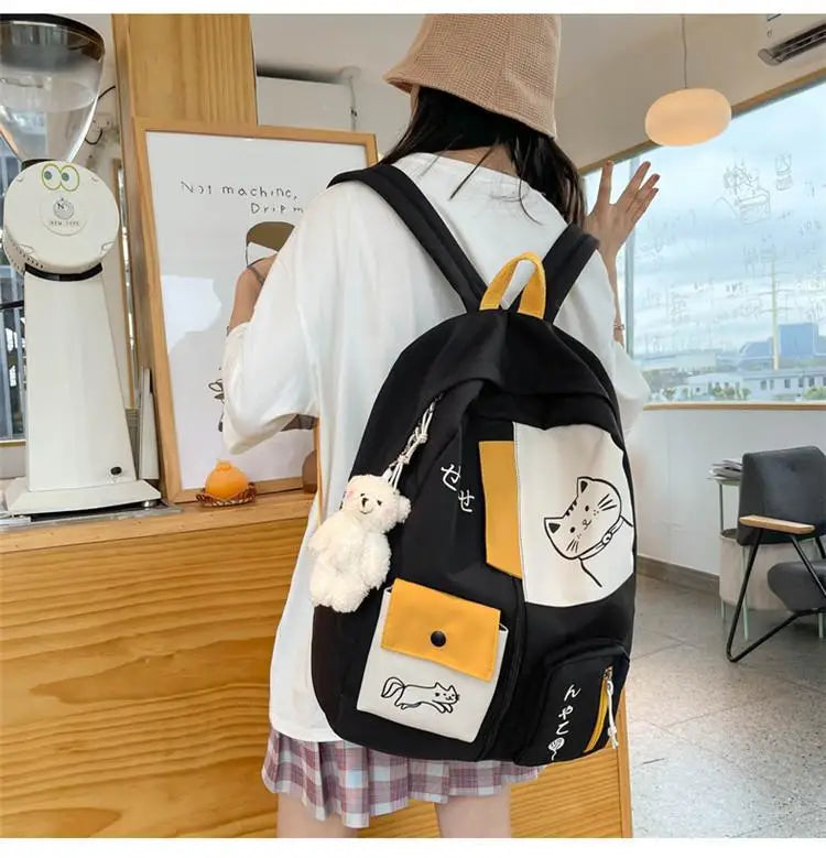 Hundreds of simple junior high school students schoolbag Large capacity primary school students schoolbag cute cat pattern