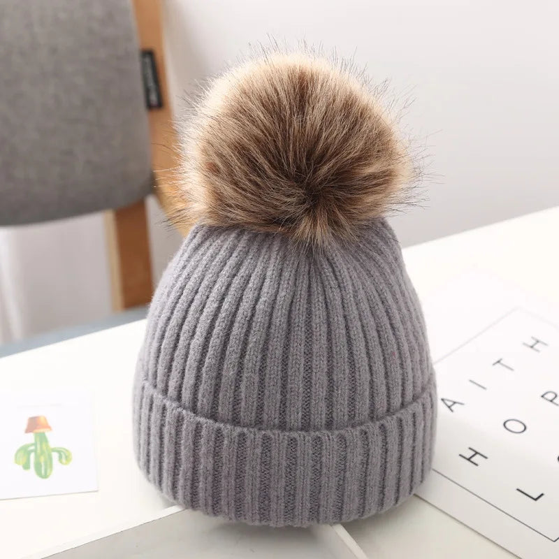 Solid Color Baby Wool Hat Winter Warm Knitted Beanie Cap for Toddler Boy Girl Cute Pompom Kids Crochet Hats Bonnet