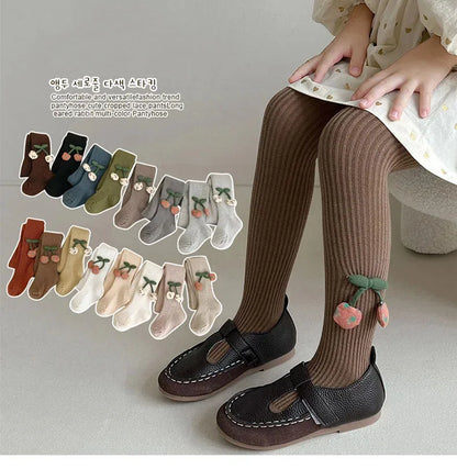 Baby's Fashion Pantyhose Kid's Korean Style Cute Cherry Tights Girls Cotton Knitted Leggings Long Stocking Girl Tights Stocking