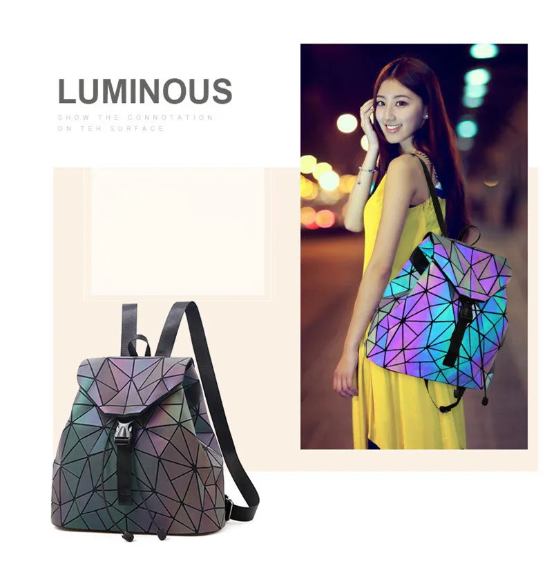 Fashion Luminous Women backpack Drawstring folding backpack Triangle Sequin Backpack for Reflective strip Female student bag