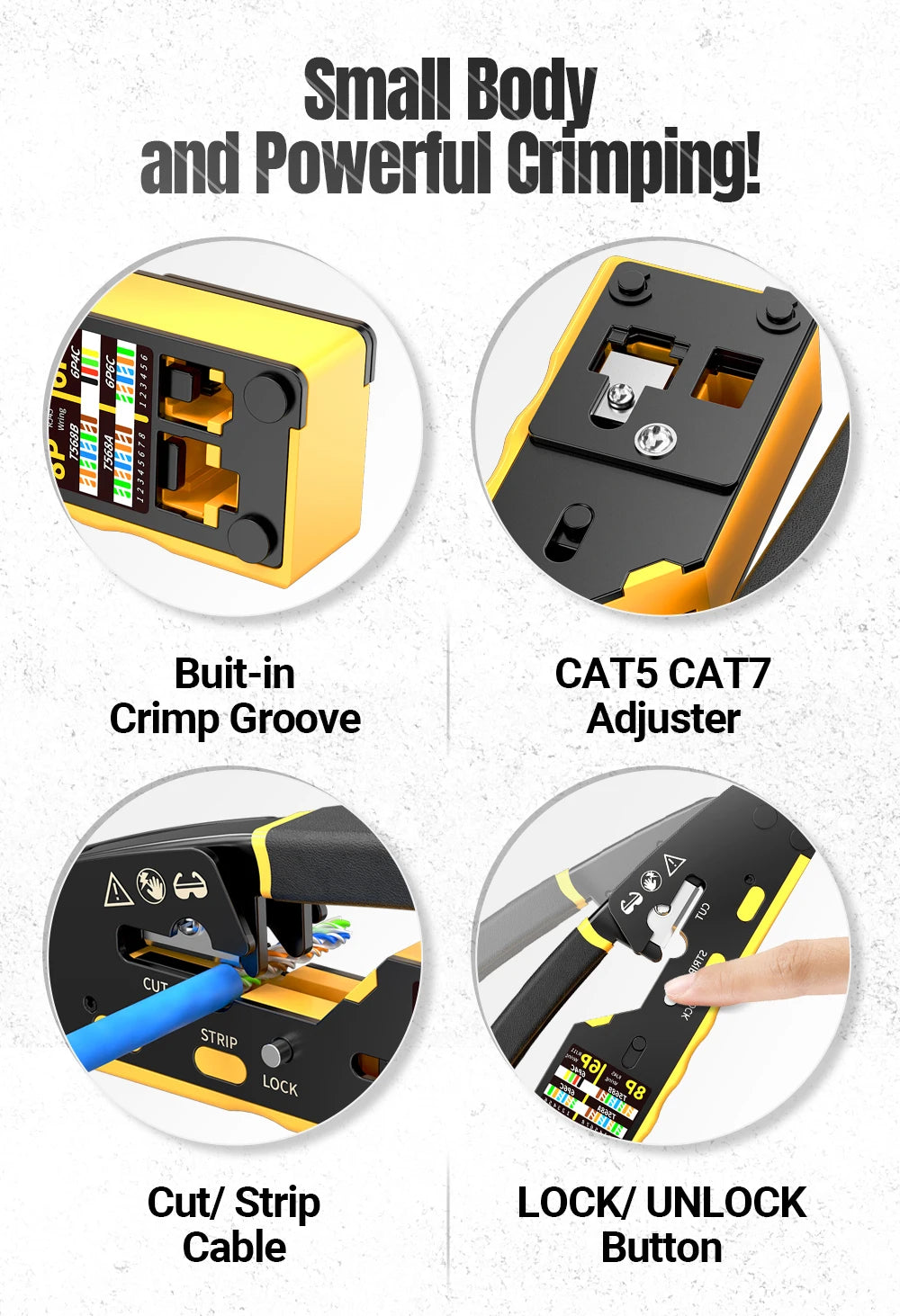 AMPCOM EZ-Type RJ45 Network Crimper - 3-in-1 Crimp/Cut/Strip Lan CAT8/7/6A/6/5E (STP/UTP) & RJ11/12 Tel Modular Cable (AM-6088)