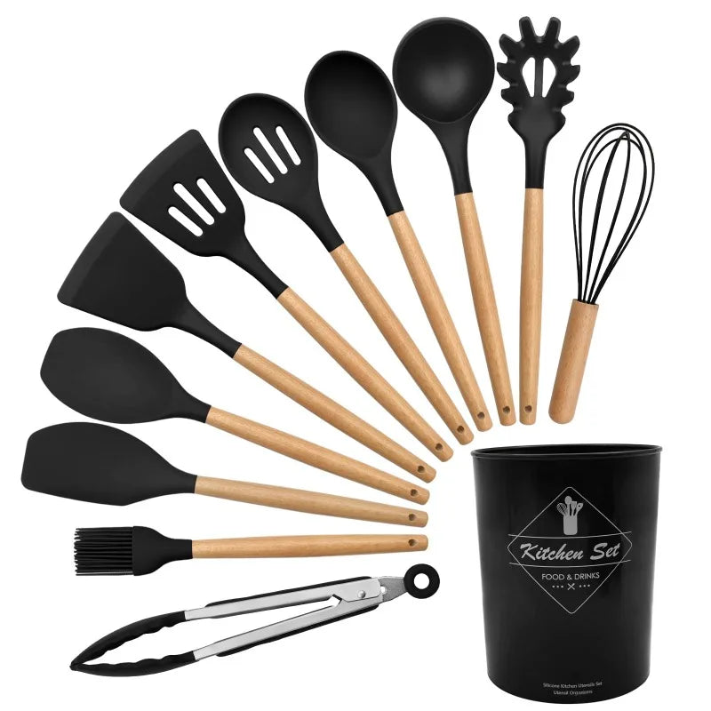 Cooking Utensils Set of 12 Silicone Kitchen Utensils With Solid Wood Handles and a Holder Bucket