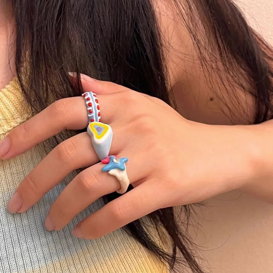 2023 Colorful Enamel Heart Sweet Ring Trendy Geometric Dripping Oil for Women Girls Funny Y2K Chunky Jewelry Summer NEW