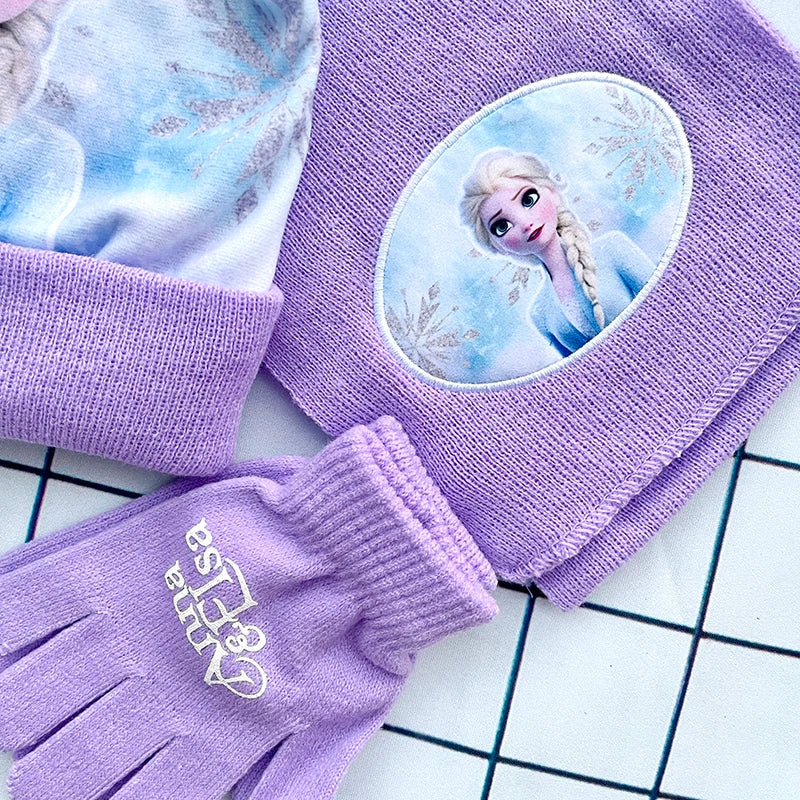 Children's Hat New Fall Winter ELSA Cartoon Hat Scarf Gloves Kids Toddler Girl Hat and Scarf Set