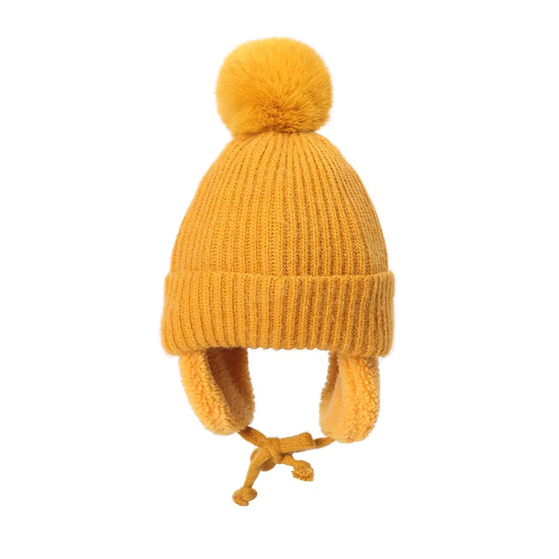 Winter Thick Baby Hat Big Pompom Beanie with Earflap Wool Plush Children Knitted Cap for Girls Boys Warm Kids Accessories 2-8T