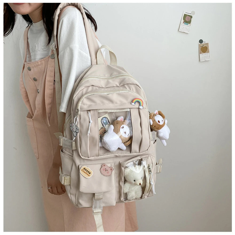 Girls High School Student Backpack Bags Backpack with Pin and Pendant,Cute Aesthetic Backpack ,Outdoor Sports Leisure Bag