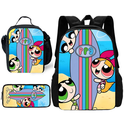 3 pcs set Cute Anime Powerpuffs Girlss Child School Backpack with Lunch Bags ,Pencil Bags ,School Bags for Boys Girls Best Gift