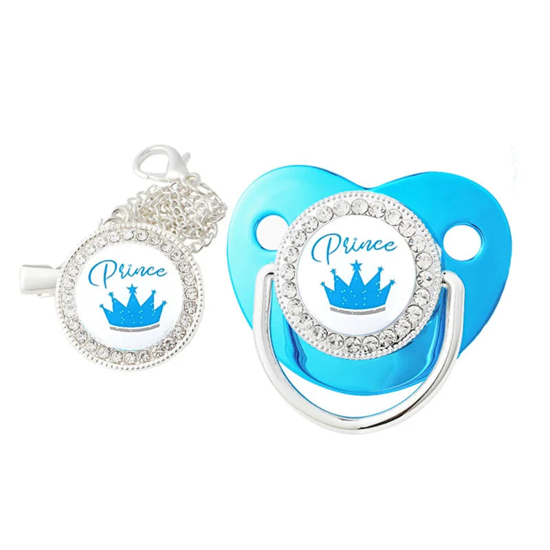 Luxury Rhinestones Baby Pacifier Chain Clips with Lid Princess Prince Crown Pacifiers Newborn Silicone Nipple Infant Shower Gift