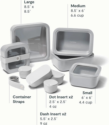 Caraway 14 Pieces Ceramic Coated Glass Gray Food Storage Container Easy To Store Non Toxic Dot Dash Inserts Glass Lids