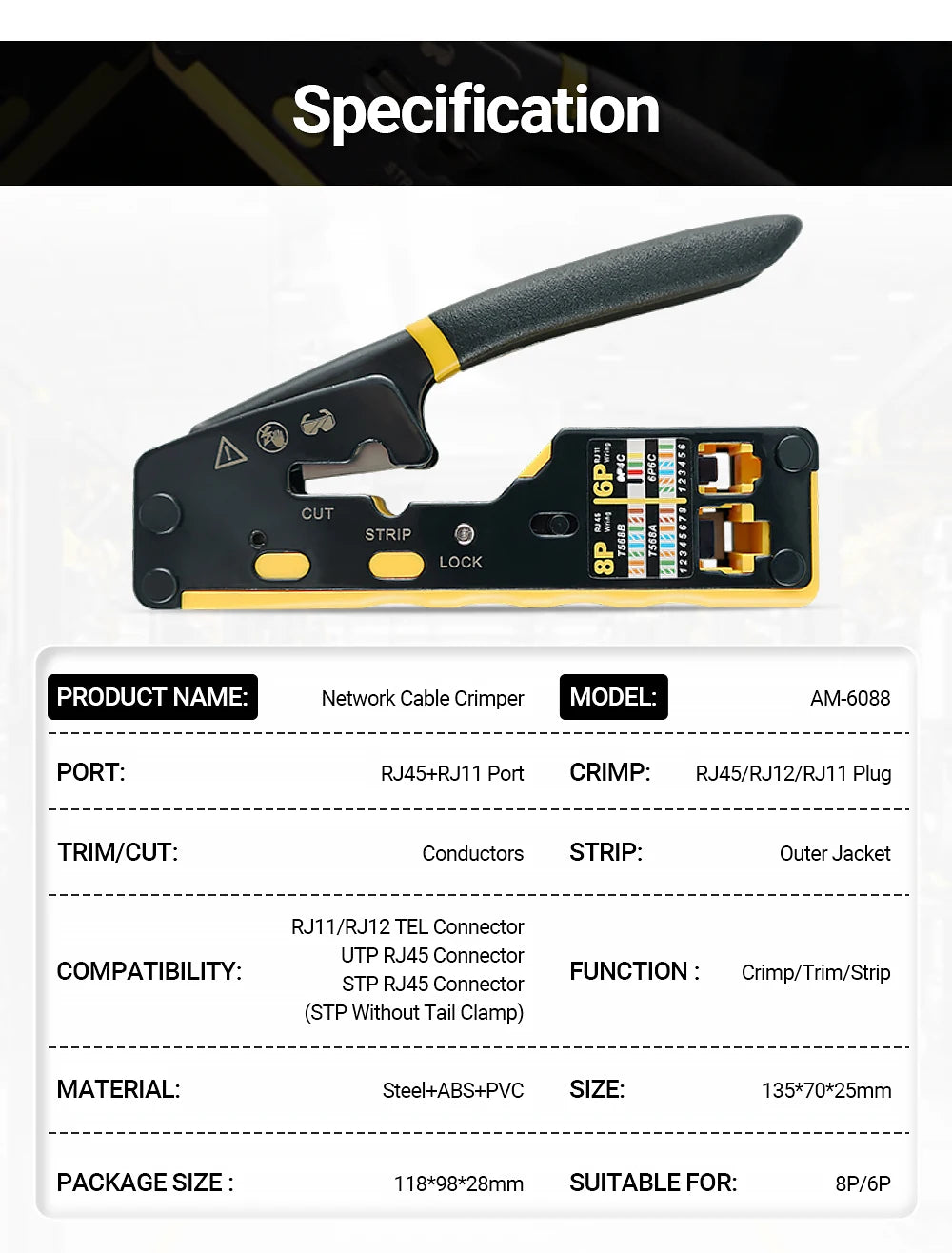 AMPCOM EZ-Type RJ45 Network Crimper - 3-in-1 Crimp/Cut/Strip Lan CAT8/7/6A/6/5E (STP/UTP) & RJ11/12 Tel Modular Cable (AM-6088)