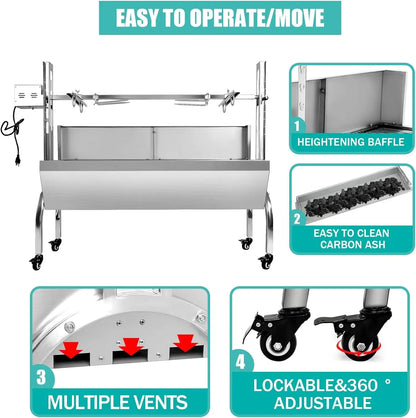 Stainless Steel Rotisserie Grill With Wind Deflector, 25W Motor Small Pig Whole Lamb Rotisserie Roaster, 80Kg Bbq Charcoal