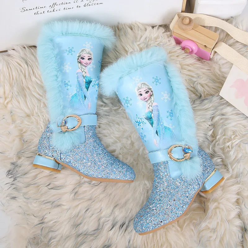 Disney Girls' High Heel Boots Winter Children's High Sleeve Plush Snow Warm Boots Princess Elsa Long Pink Blue Boots Size 26-37