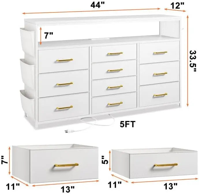 Dresser TV Stand with 10 Drawers for 55" TV Stand for Bedroom with LED Lights & Power Outlets Wide Dresser for Bedroom