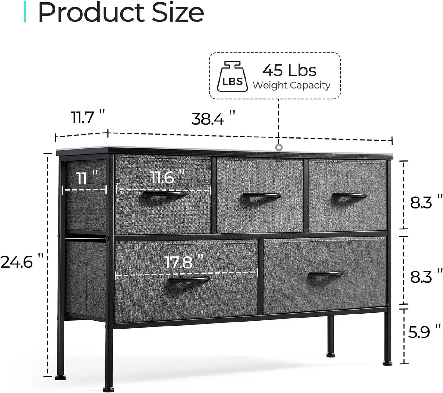 HOME Dresser for Bedroom with 5 Drawers, Fabric Long Dresser, Wide Chest of Drawers, Storage Organizer Unit for Closet,