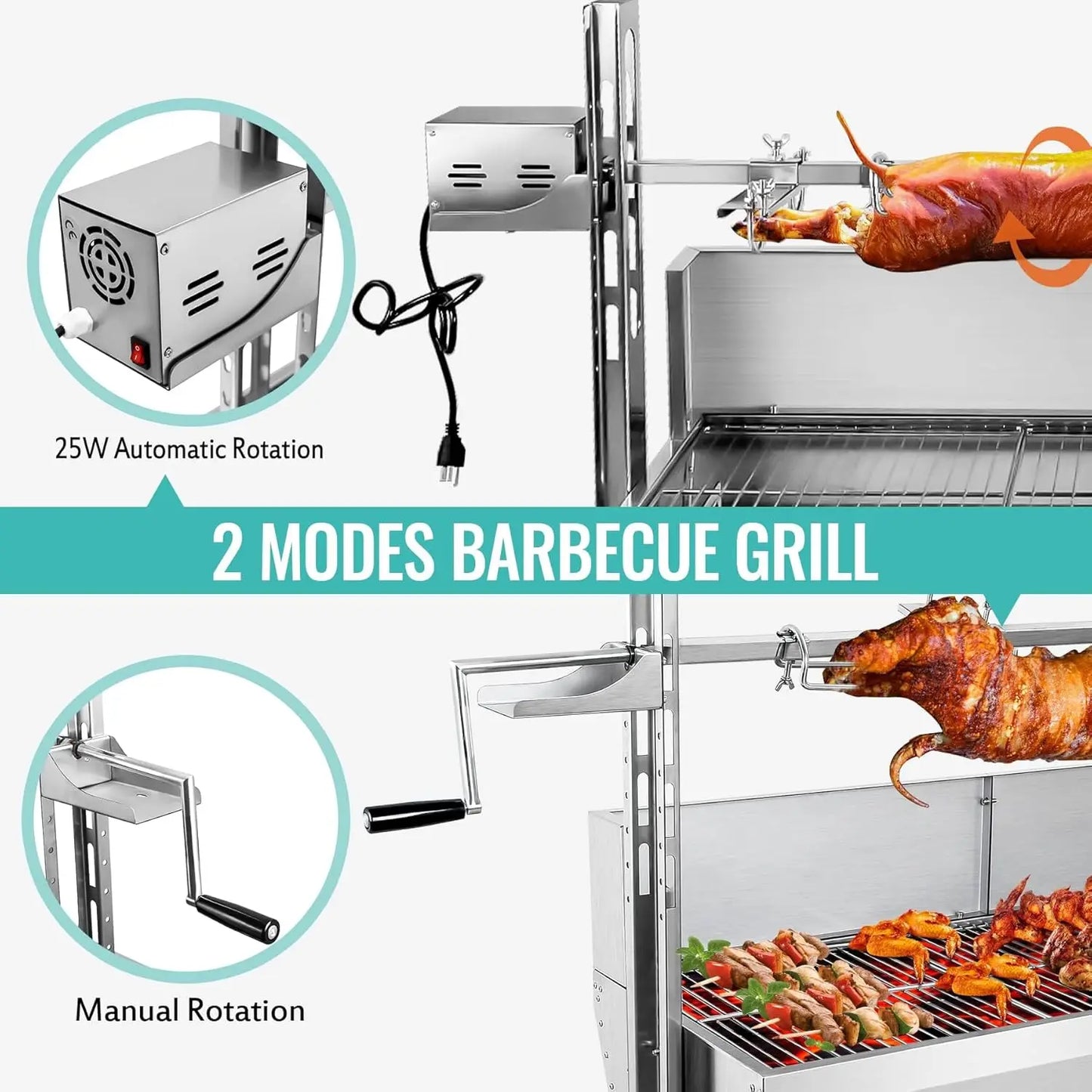 Stainless Steel Rotisserie Grill With Wind Deflector, 25W Motor Small Pig Whole Lamb Rotisserie Roaster, 80Kg Bbq Charcoal