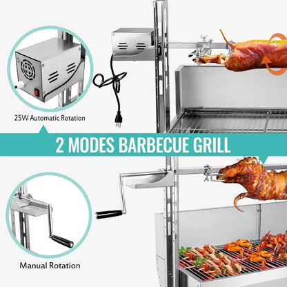 Stainless Steel Rotisserie Grill With Wind Deflector, 25W Motor Small Pig Whole Lamb Rotisserie Roaster, 80Kg Bbq Charcoal