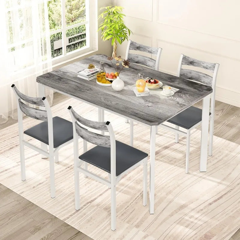 Dining Table Set for 4, 43.3" Dining Room Table with 4 Upholstered PU Leather Chairs, Modern Wood Kitchen Table and Chairs