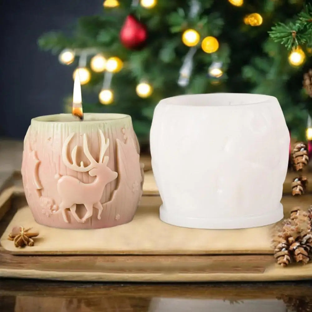 New Christmas Tree Carving Pattern Cylindrical Candle 3D Silicone Mold Reindeer Snowflake Cylindrical Elk Candle Mold