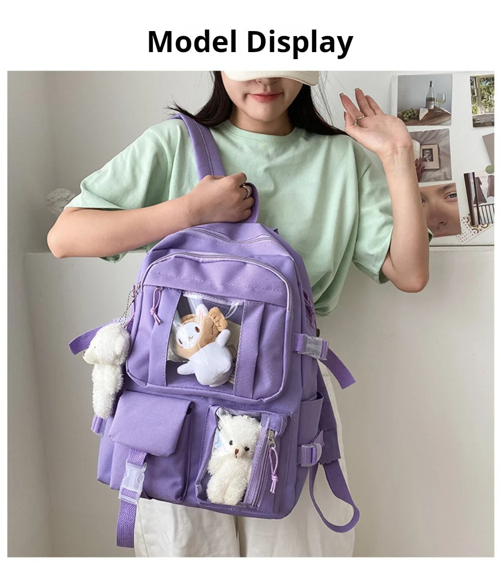 Girls High School Student Backpack Bags Backpack with Pin and Pendant,Cute Aesthetic Backpack ,Outdoor Sports Leisure Bag